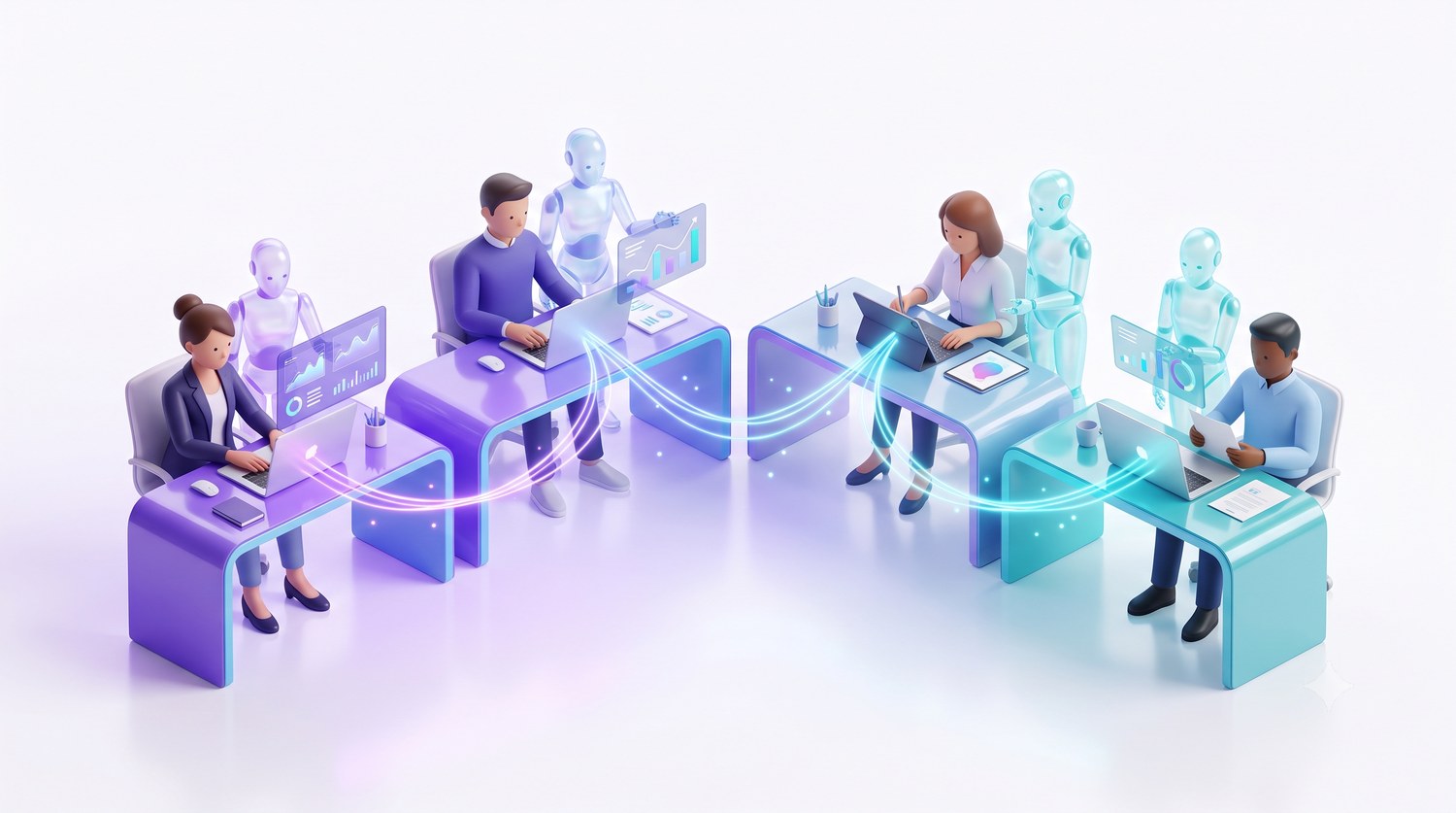 여러 사람이 각자의 AI 동반자와 함께 일하며 서로 빛으로 연결된 일러스트 — 사람과 AI가 짝을 이루어 모인 회사