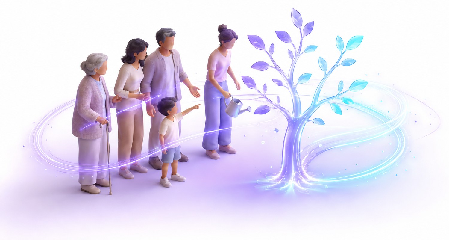 여러 세대의 사람들이 빛으로 자라는 나무에 물을 주며 둘러선 일러스트 — 기술로 잇는 상생