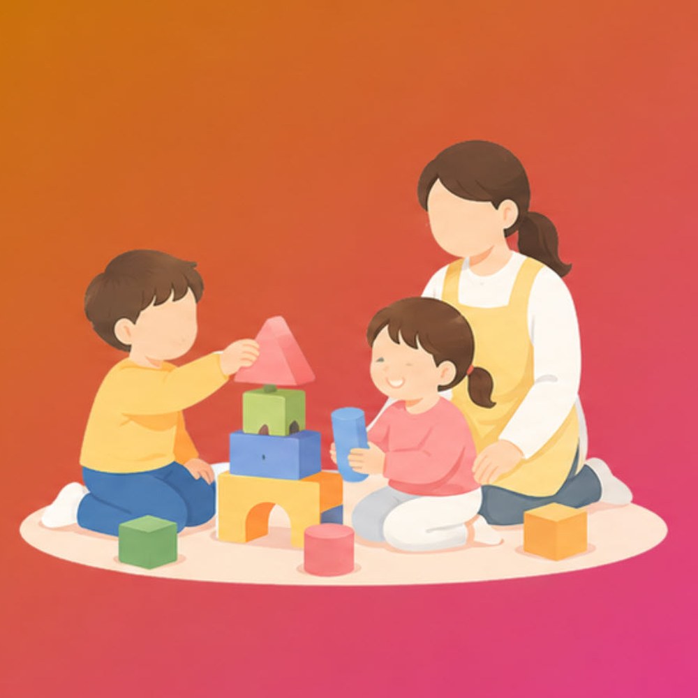 어린이집에서 교사와 아이들이 블록을 쌓으며 함께 노는 일러스트